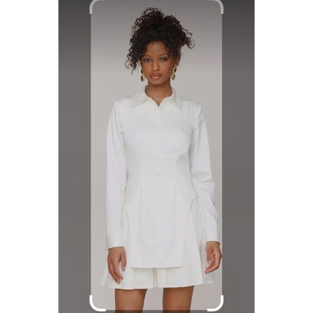 Avec Les Filles White Chic Shirt Dress Long Sleeve Mini Size S Button Collared